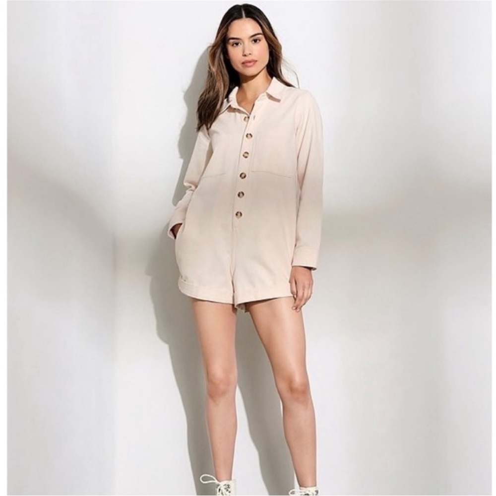 Gianni Bini Vera Sleeve Button Collar Cream Denim Romper